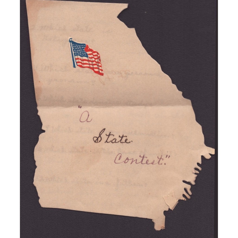 Vintage Georgia State Shape Handwritten Pun Riddle Contest Ephemera Flag Sticker - Picture 1 of 3